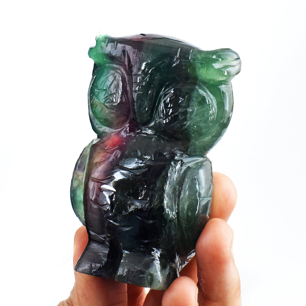 Natural 916.00 Cts  Genuine  Multicolor  Fluorite Hand Carved Crystal Gemstone Owl Carving