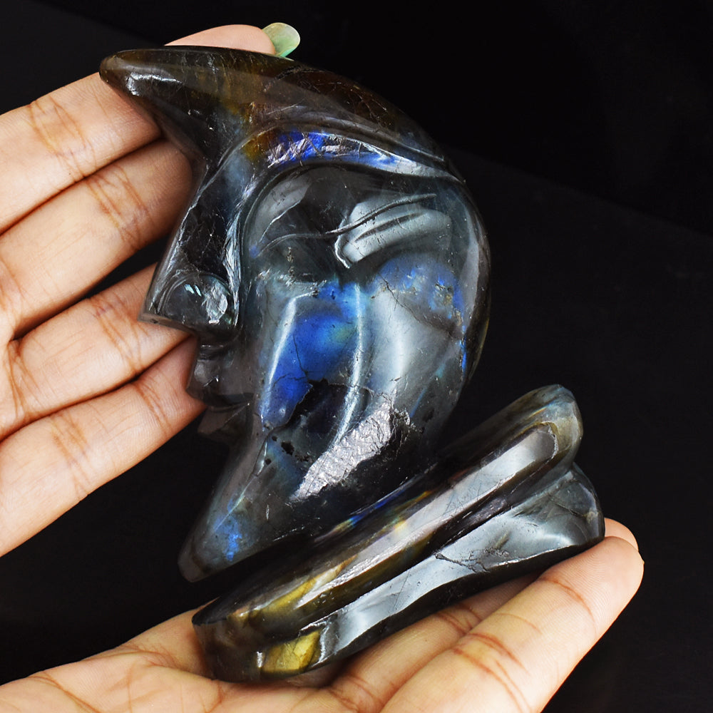 Genuine  1315.00 Carats  Amazing  Flash Labradorite Moon With Stand Hand  Carved  Gemstone Carving