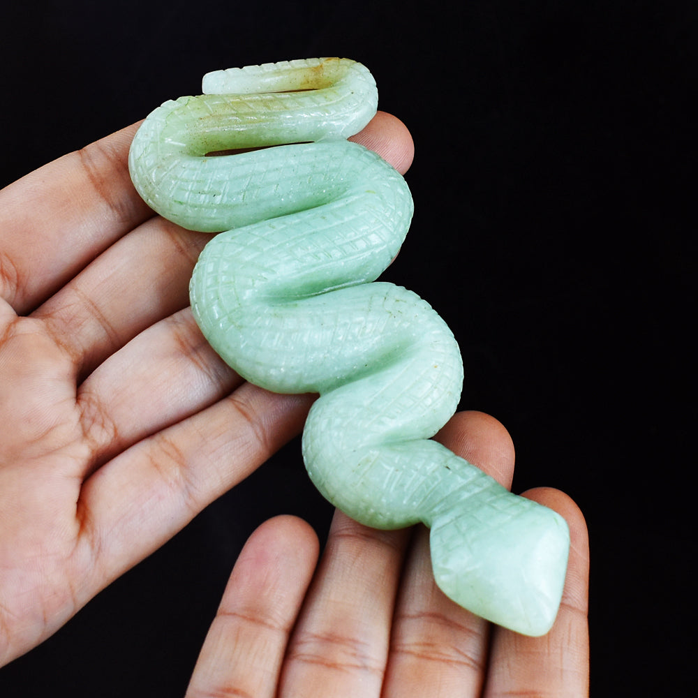Beautiful 406.00 Carats Genuine Green Aventurine Hand Carved Crystal Gemstone Carving Snake