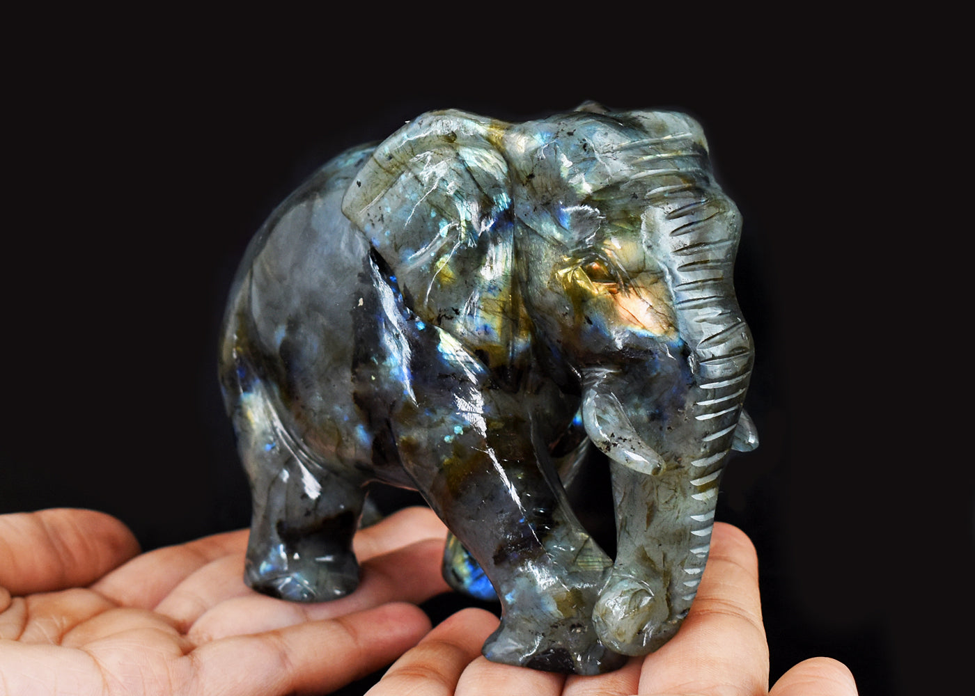 Stunning 4238.00 Cts Genuine Amazing Flash Labradorite Hand Carved Crystal Gemstone Elephant Carving