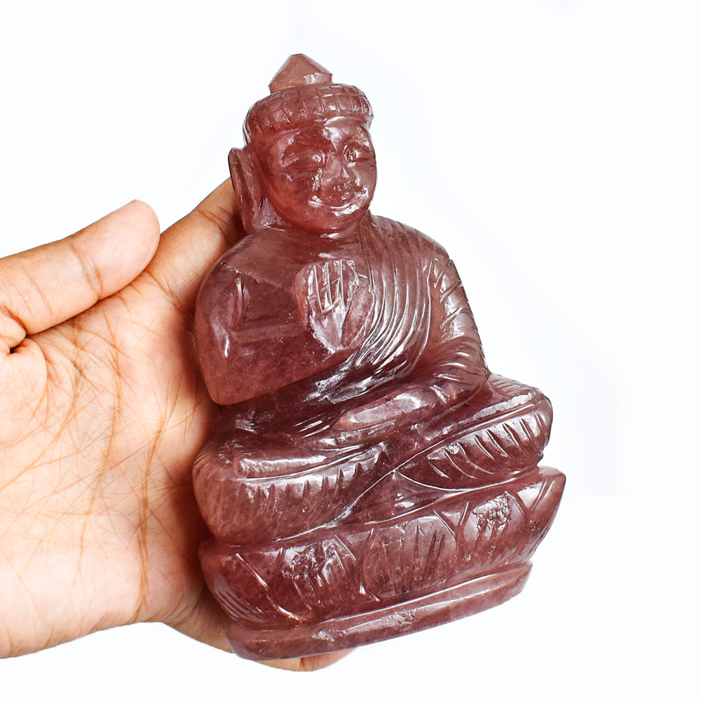 Artisian 3011.00 Cts Genuine Strawberry Quartz Hand Carved Crystal Gemstone Carving Lord Buddha