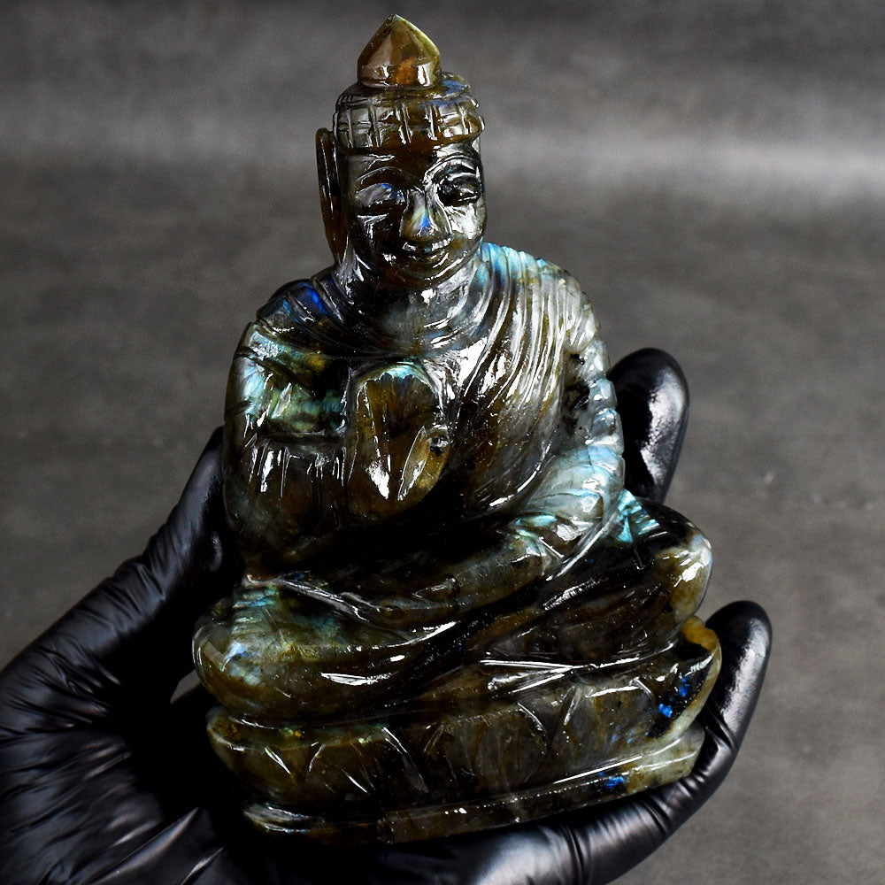 Artisian 1799.00 Cts Genuine Blue Flash Labradorite Hand Carved Gemstone Buddha Idol Crystal Carving