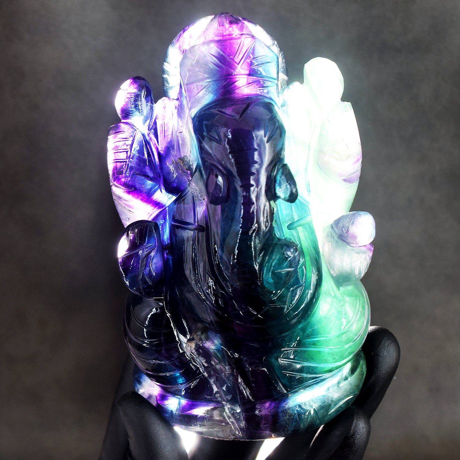 Extraordinary 2415.00 Cts Genuine Hand Carved Purple Fluorite Crystal Premium Lord Ganesha