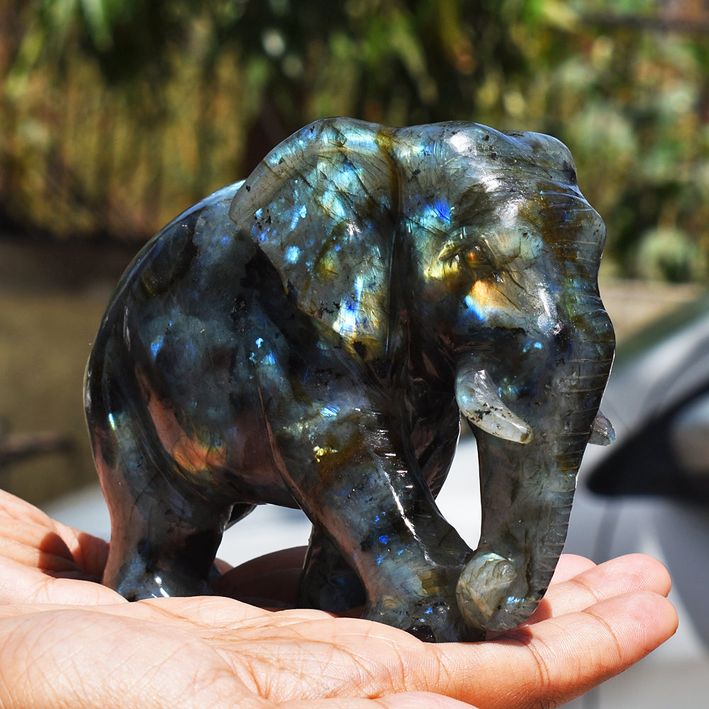 Stunning 4238.00 Cts Genuine Amazing Flash Labradorite Hand Carved Crystal Gemstone Elephant Carving