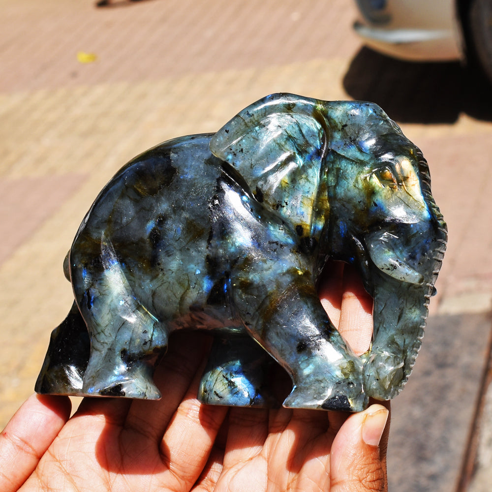 Stunning 4238.00 Cts Genuine Amazing Flash Labradorite Hand Carved Crystal Gemstone Elephant Carving