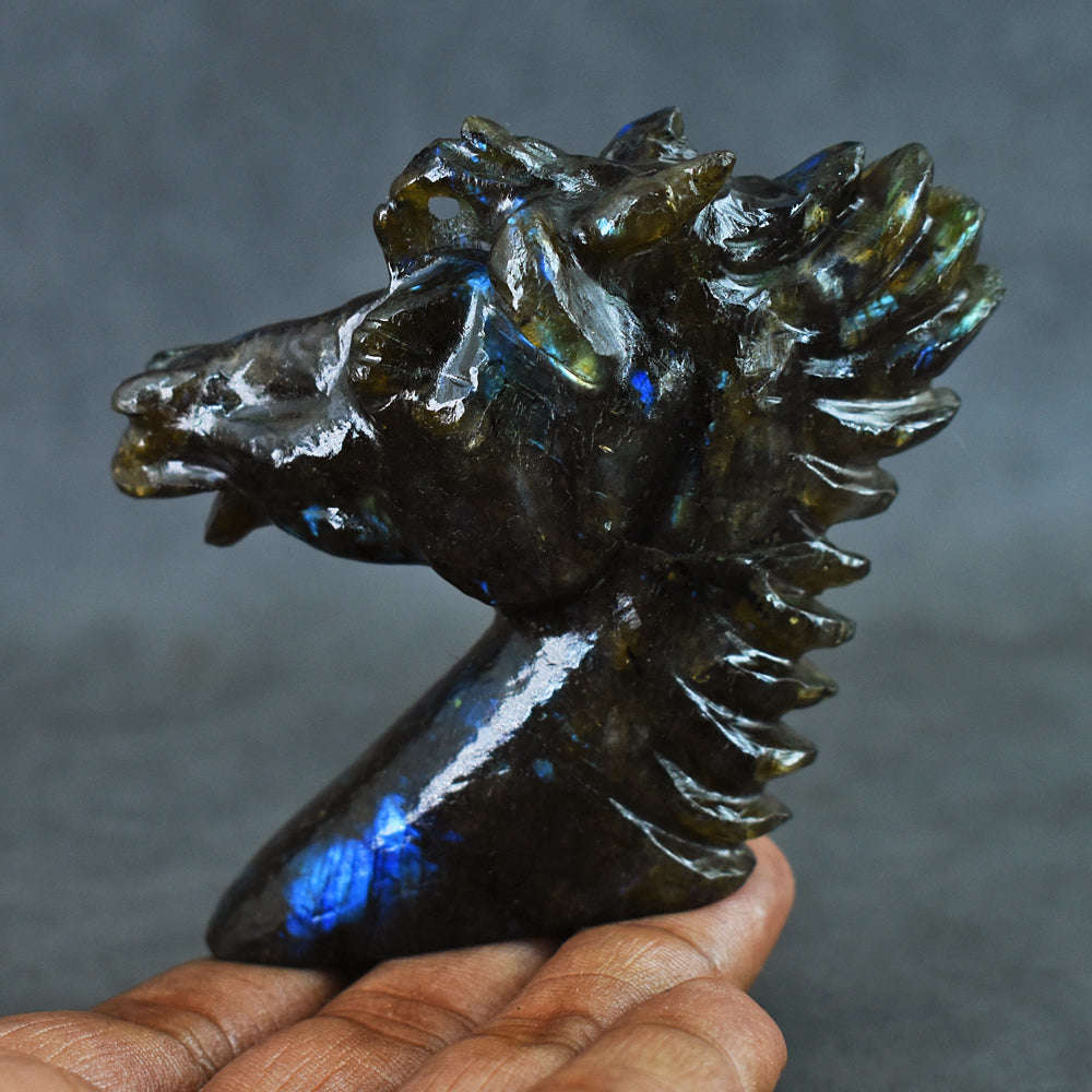 gemsmore:551.00  Carats  Genuine Blue  Flash  Labradorite  Hand  Carved  Horse Gemstone Carving