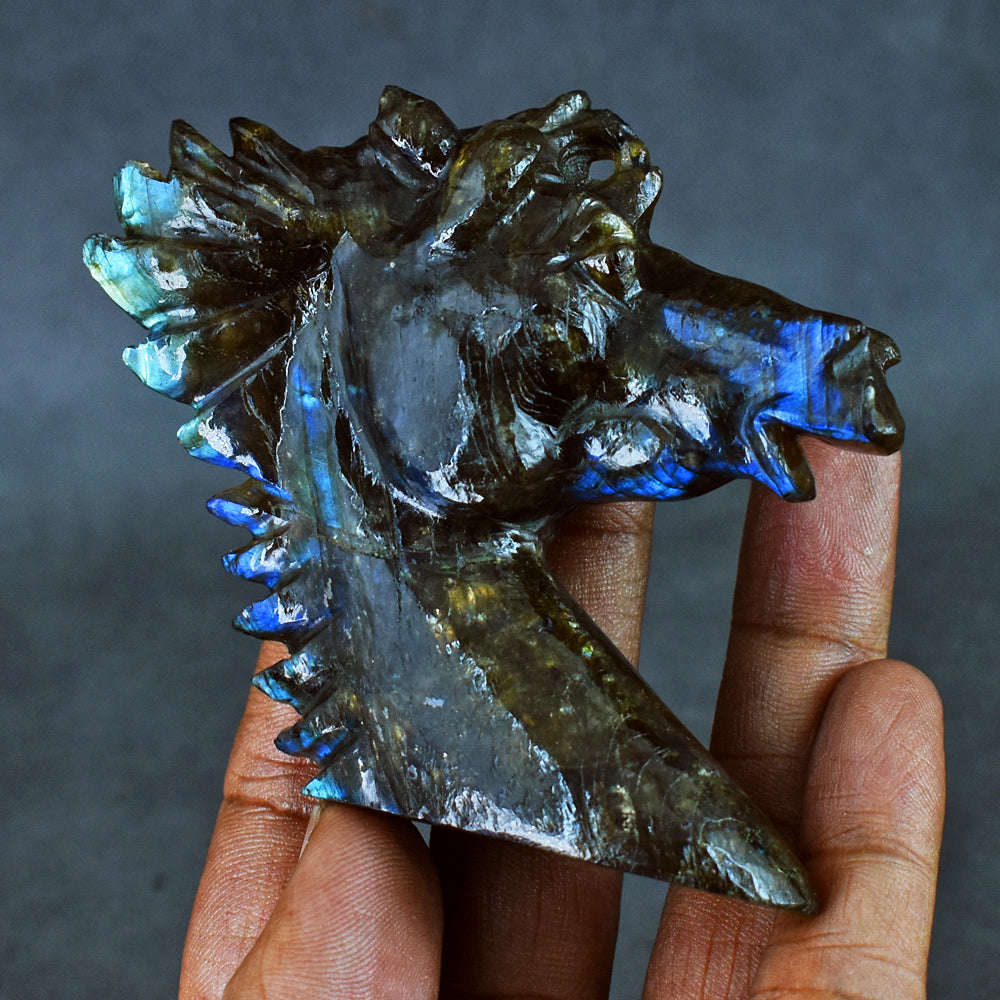 gemsmore:551.00  Carats  Genuine Blue  Flash  Labradorite  Hand  Carved  Horse Gemstone Carving