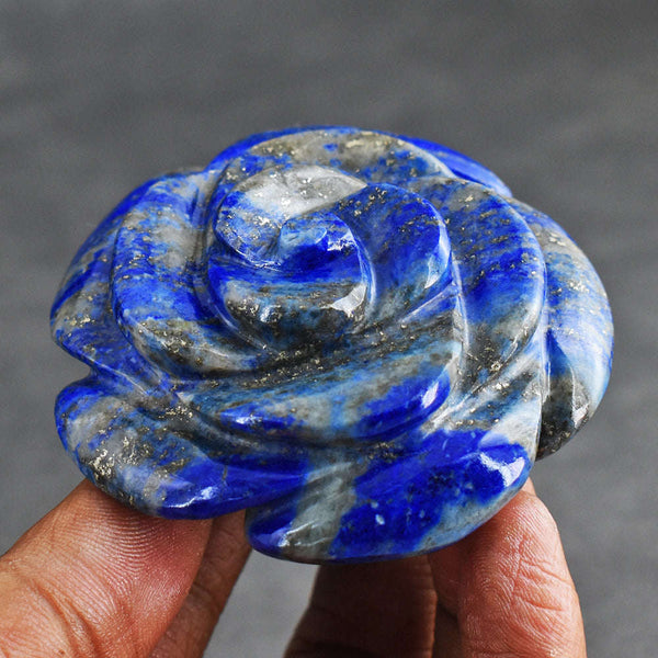 gemsmore:554.00 Cts Exclusive Blue Lapis Lazuli Hand Carved Genuine Carving Rose Flower Gemstone