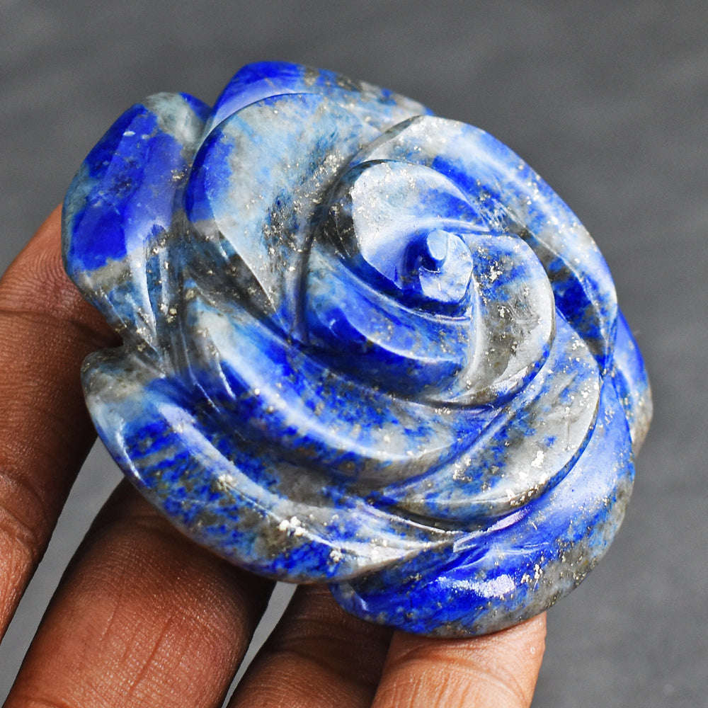 gemsmore:554.00 Cts Exclusive Blue Lapis Lazuli Hand Carved Genuine Carving Rose Flower Gemstone