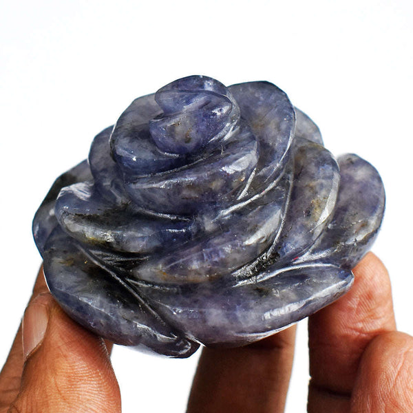 gemsmore:554.00 Cts Genuine  Hand Carved Blue Iolite Flower  Rose  Gemstone  Carving