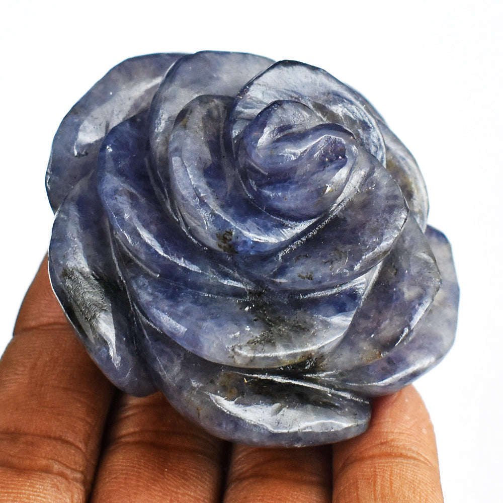 gemsmore:554.00 Cts Genuine  Hand Carved Blue Iolite Flower  Rose  Gemstone  Carving
