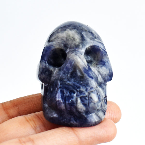 Artisian 572.00 Carats Genuine  Blue Iolite Hnad Carved Crystal Gemstone Skull Carving