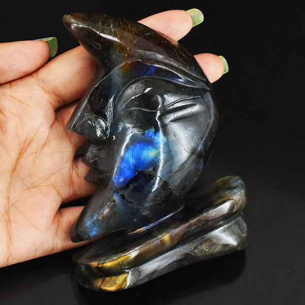 Genuine  1315.00 Carats  Amazing  Flash Labradorite Moon With Stand Hand  Carved  Gemstone Carving