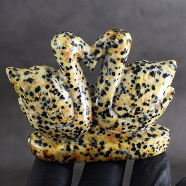 Morbid 472.00 Cts Genuine Dalmation Jasper Carved Premium Love Swan Pair