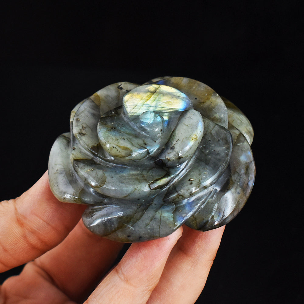 Golden &  Blue Flash  Labradorite  510.00 Carats  Genuine  Hand  Carved  Gemstone  Rose  Flower Carving