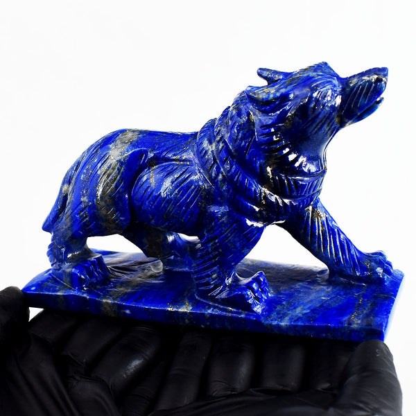 Stunning 2541.00 Cts Genuine Lapis Lazuli Hand Carved Crystal Gemstone Wolf Carving