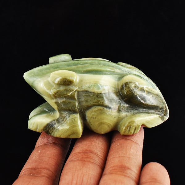 Beautiful 556.00 Carats Genuine Serpentine Hand Carved  Crystal Gemstone Carving Frog