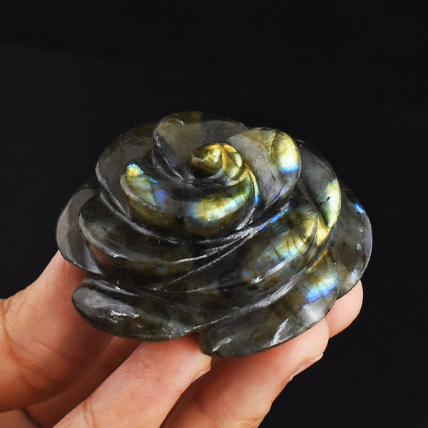 413.00 Caratsc Genuine Golden &  Blue  Flash  Labradorite Hand  Carved Gemstone  Crystal  Rose  Flower  Carving