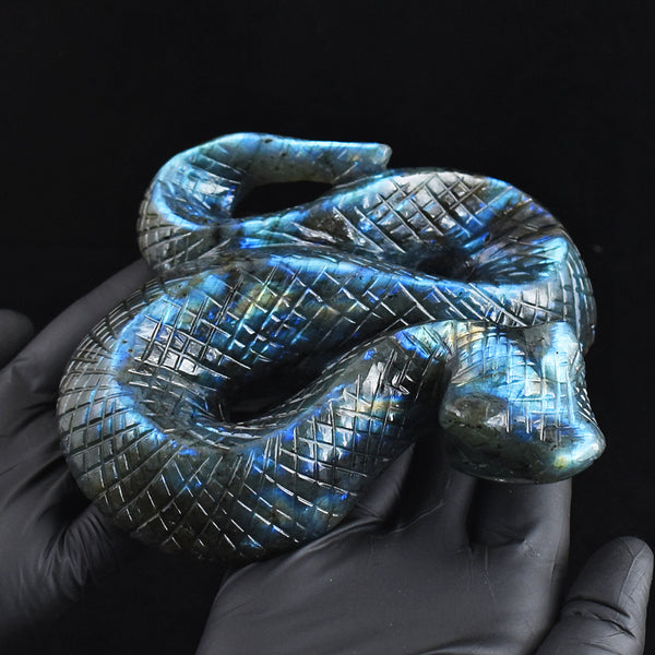 Gorgeous 2540.00 Cts Genuine Blue Flash Labradorite Hand Carved Snake Gemstone Carving