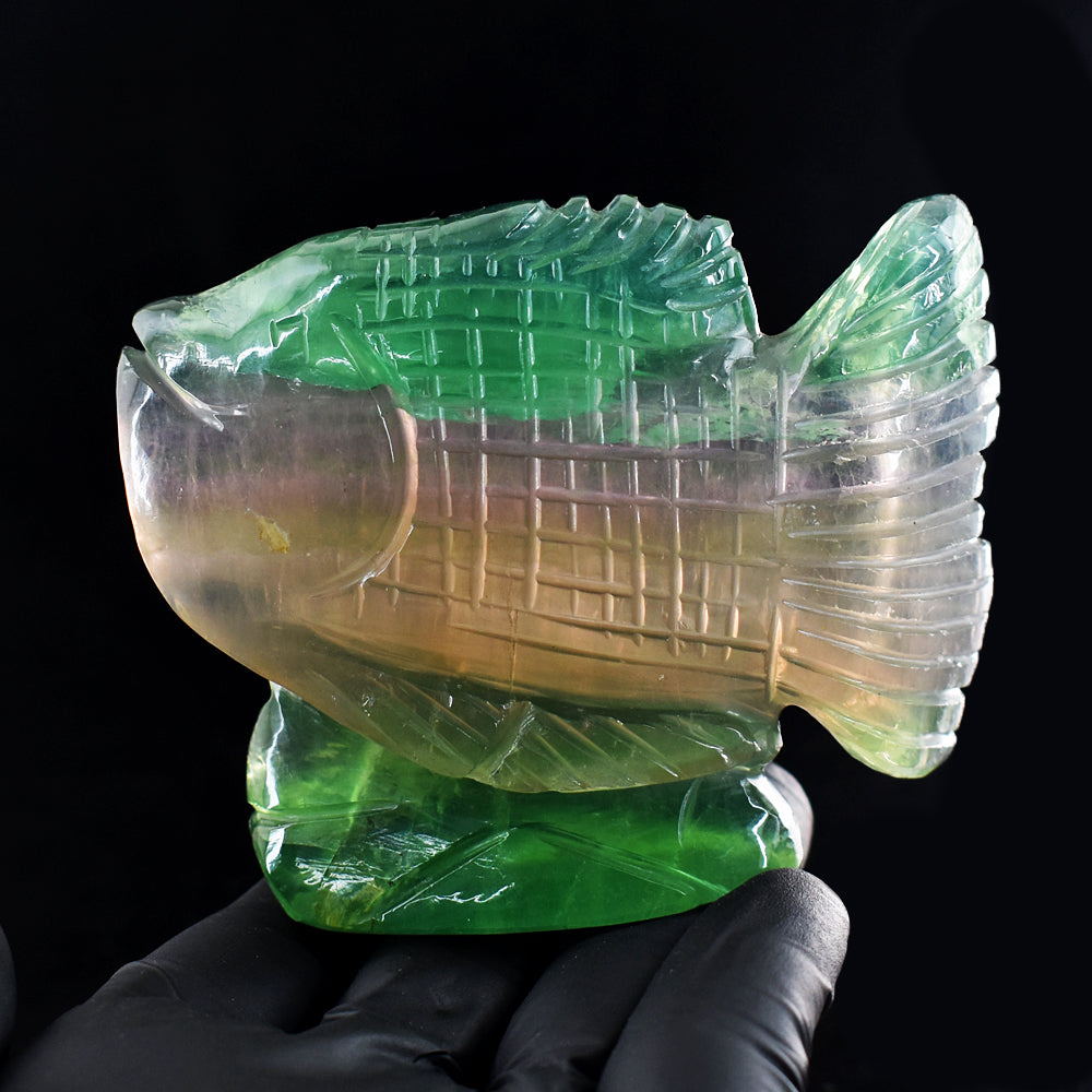 Gorgeous 1375.00 Cts Genuine Multicolor Fluorite Hand Carved Gemstone Fish Carving