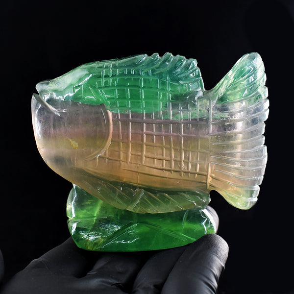 Gorgeous 1375.00 Cts Genuine Multicolor Fluorite Hand Carved Gemstone Fish Carving