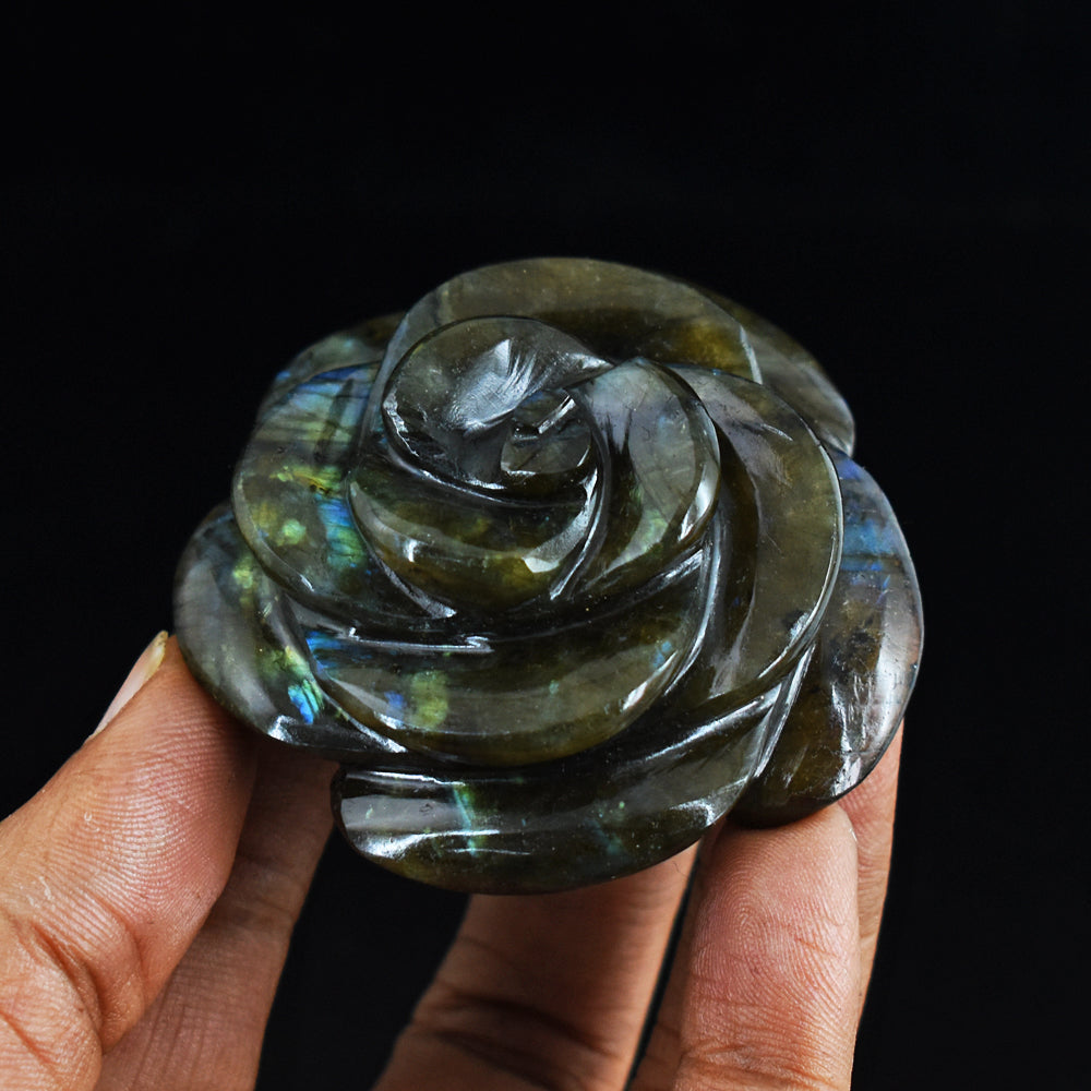 470.00 Carats Genuine Golden & Blue Flash Labradorite Hand  Carved Gemstone Crystal Rose Flower Carving