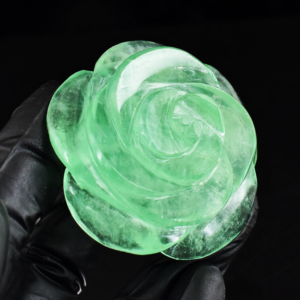 Artisian 447.00 Cts Genuine Green Fluorite Hand Carved Crystal Gemstone Rose Carving
