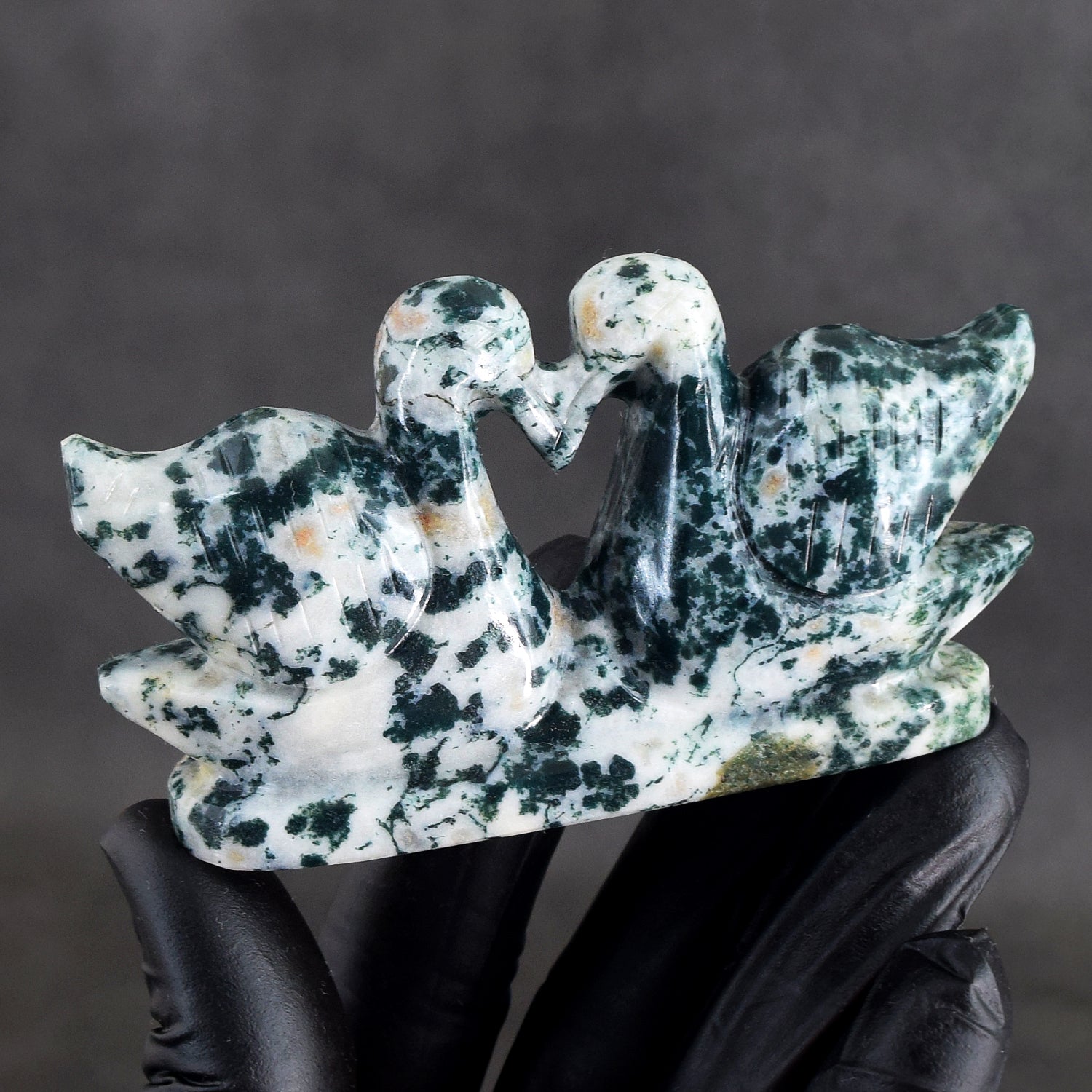 Exclusive 503.00  Cts Genuine Tree Agate Carved Premium Love Swan Pair