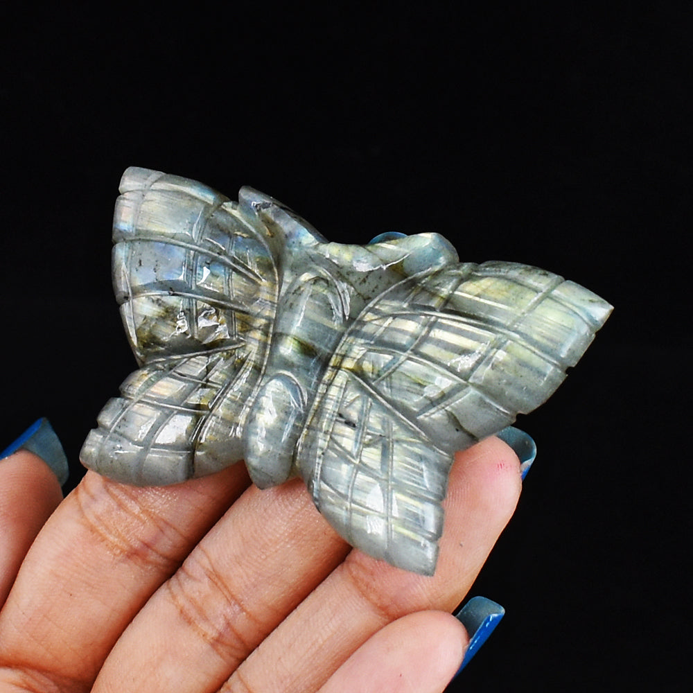 Exclusive 127.00 Carats  Genuine Golden & Blue Flash Labradorite Hand Carved Crystal Gemstone Carving Butterfly