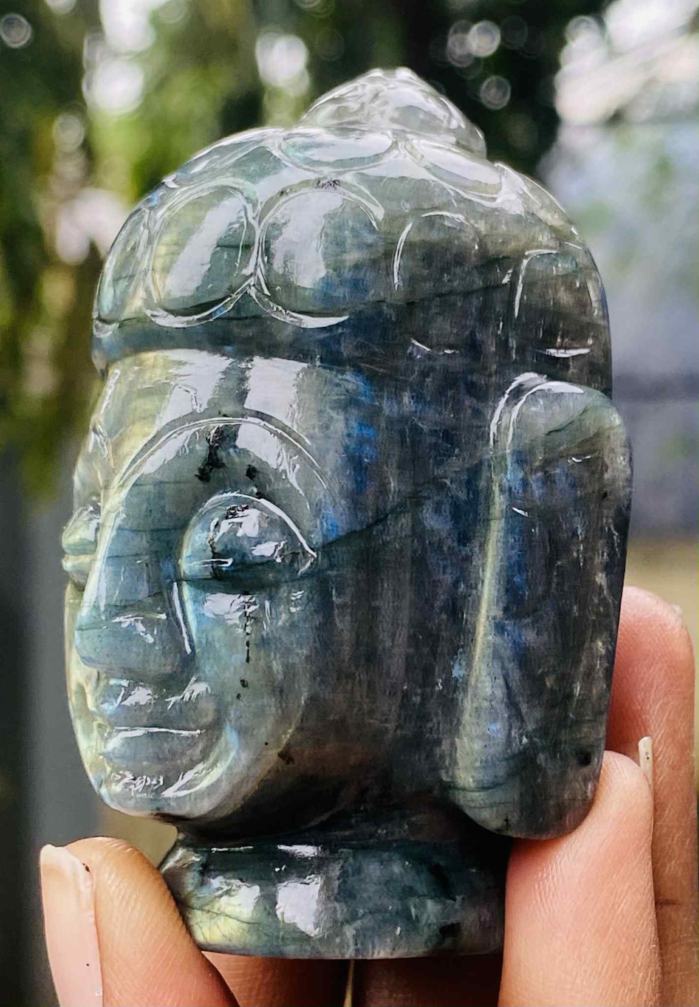 Gorgeous 825.00 Cts Genuine Blue Flash Labradorite Hand Carved Crystal Gemstone Buddha Head Carving