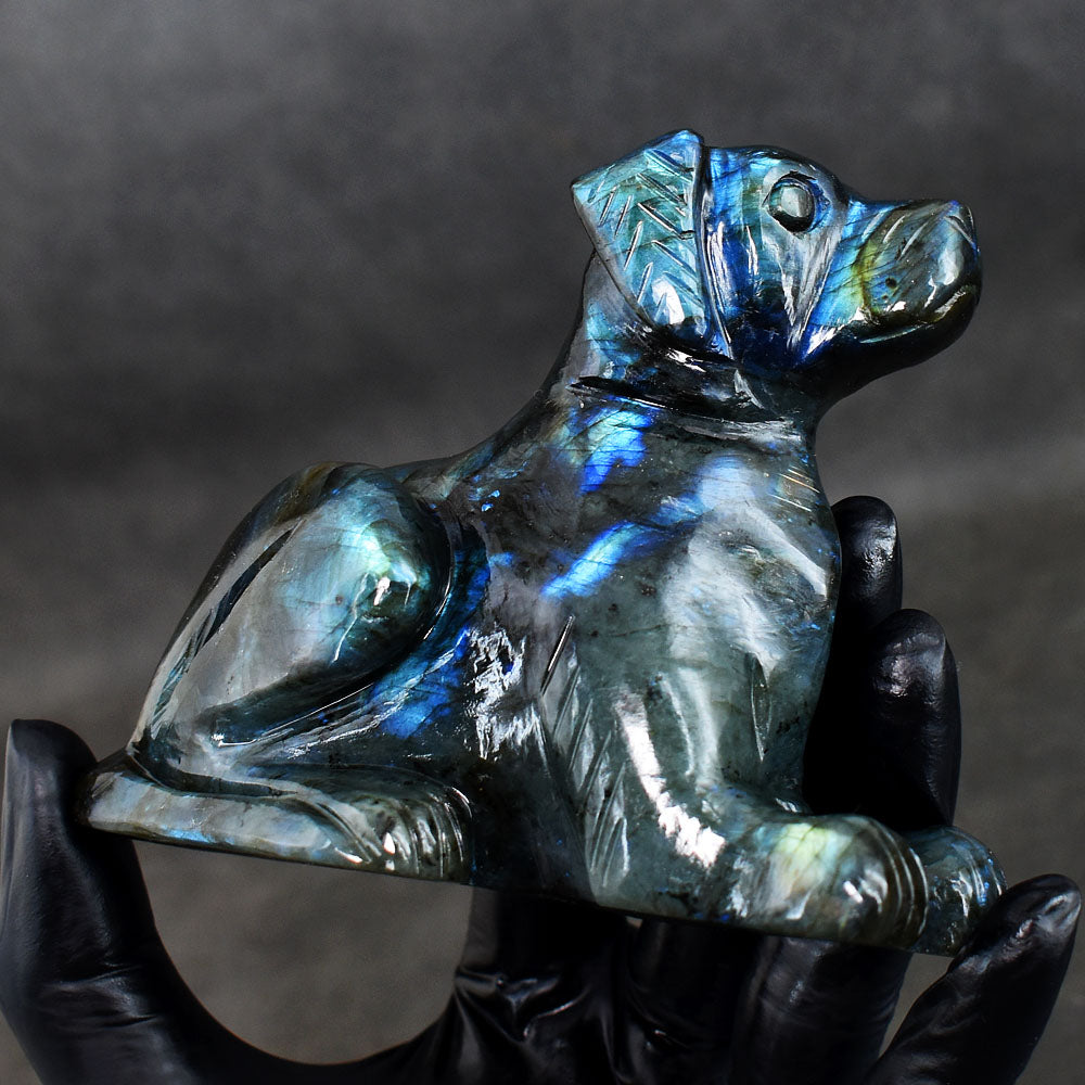 Exclusive 2300.00 Cts Genuine Blue Flash Labradorite Hand Carved Gemstone Dog Crystal Carving