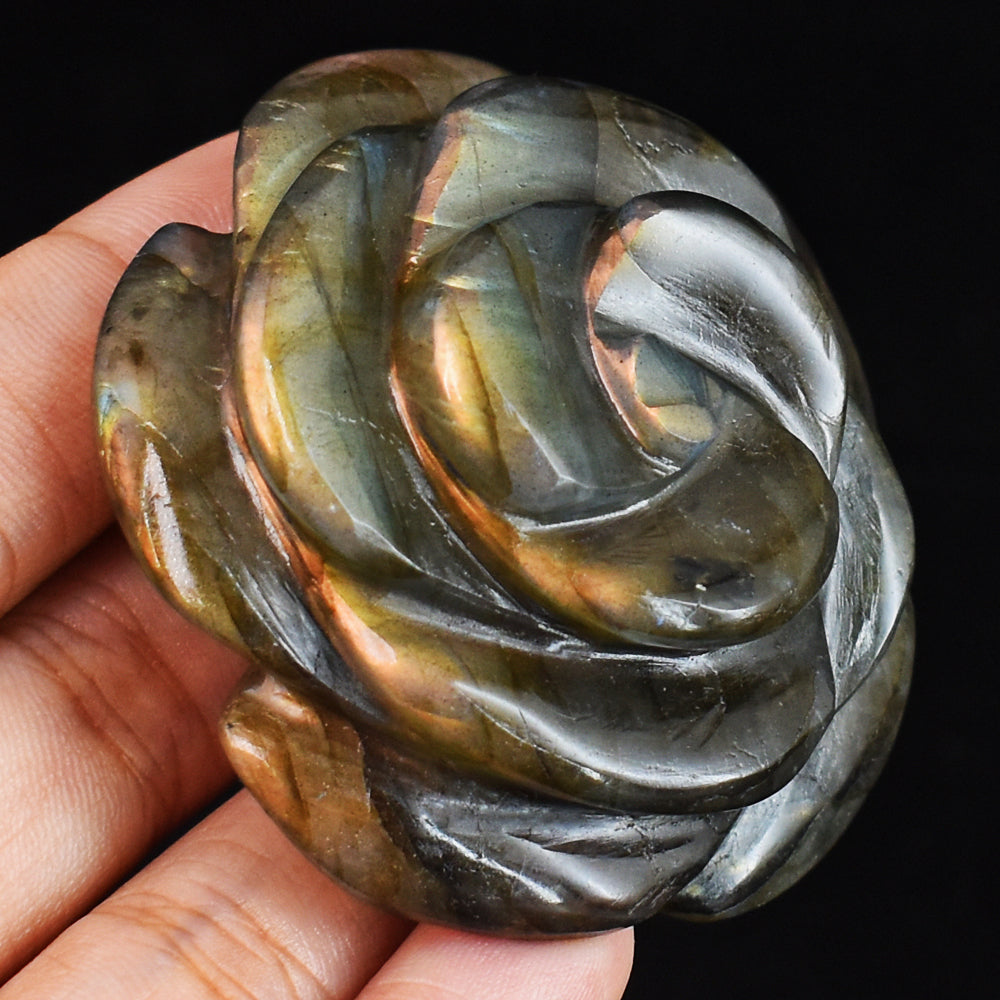 Orange  & Golden  Flash Labradorite  325.00 Carats  Genuine  Hand Carved  Gemstone  Rose Flower Carving