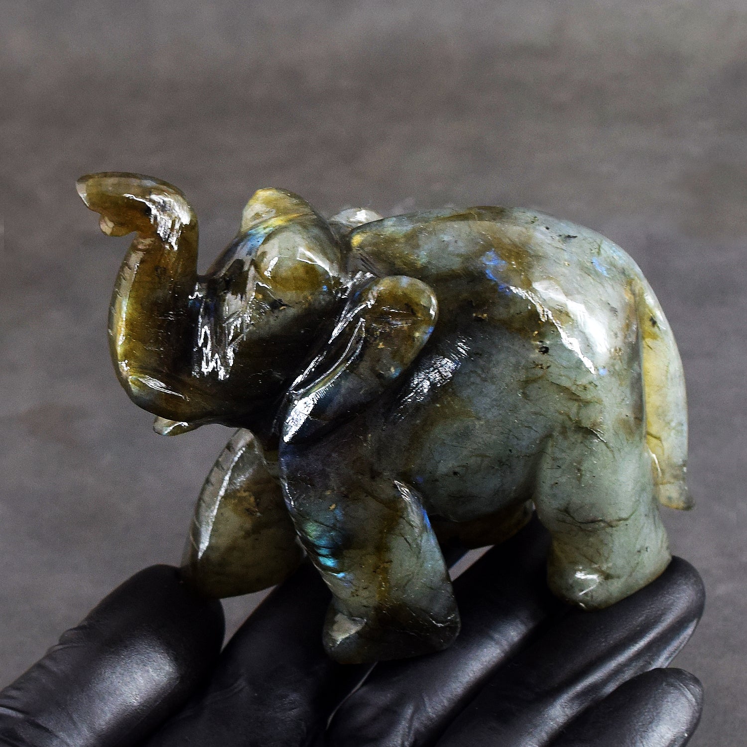 Majestic 1228.00 Cts Genuine Blue Flash Labradorite Carved Premium Crystal Elephant