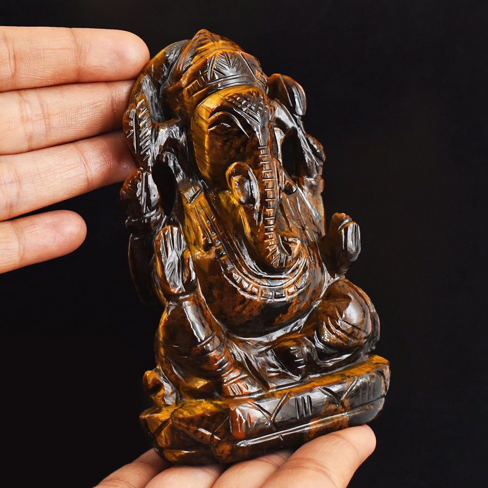 Artisian 1880.00 Cts Genuine Golden Tiger Eye Hand Carved Crystal Lord Ganesha Gemstone Carving