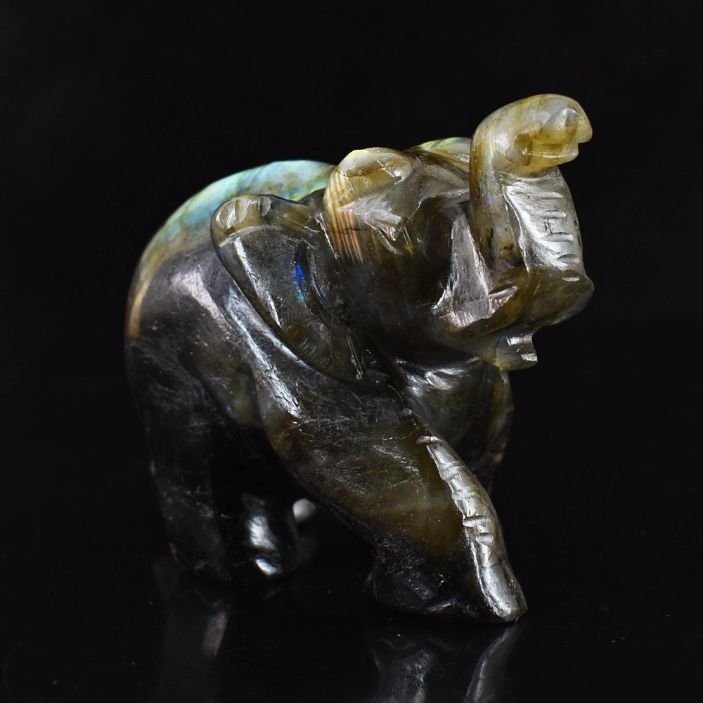 Artisian 1330.00 Cts Golden & Blue Flash Labradorite Hand Carved  Crystal Gemstone Elephant Carving