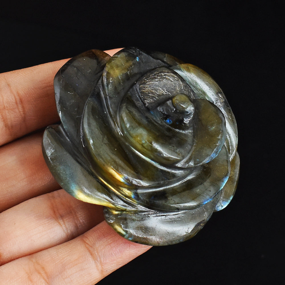 Golden & Blue Flash Labradorite  458.00 Carats  Genuine  Hand Carved  Gemstone  Rose Flower Carving