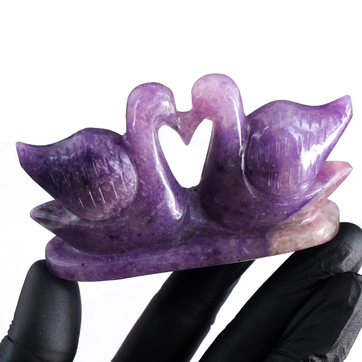 Exclusive 773.00 Cts Genuine Lepidolite Hand Carved Love Premium Swan Pair