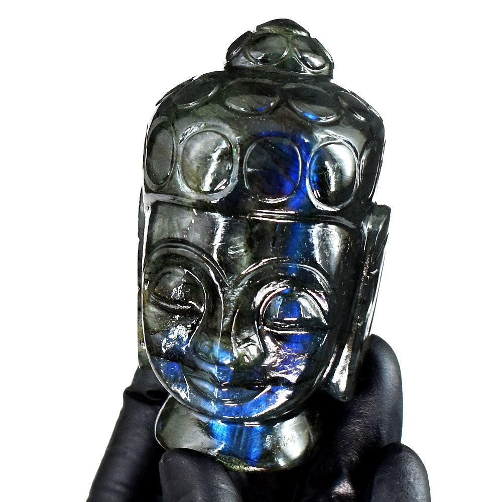 Exclusive 1123.00 Cts Genuine Blue Flash Labradorite Hand Carved Gemstone Buddha Head Crystal Carving