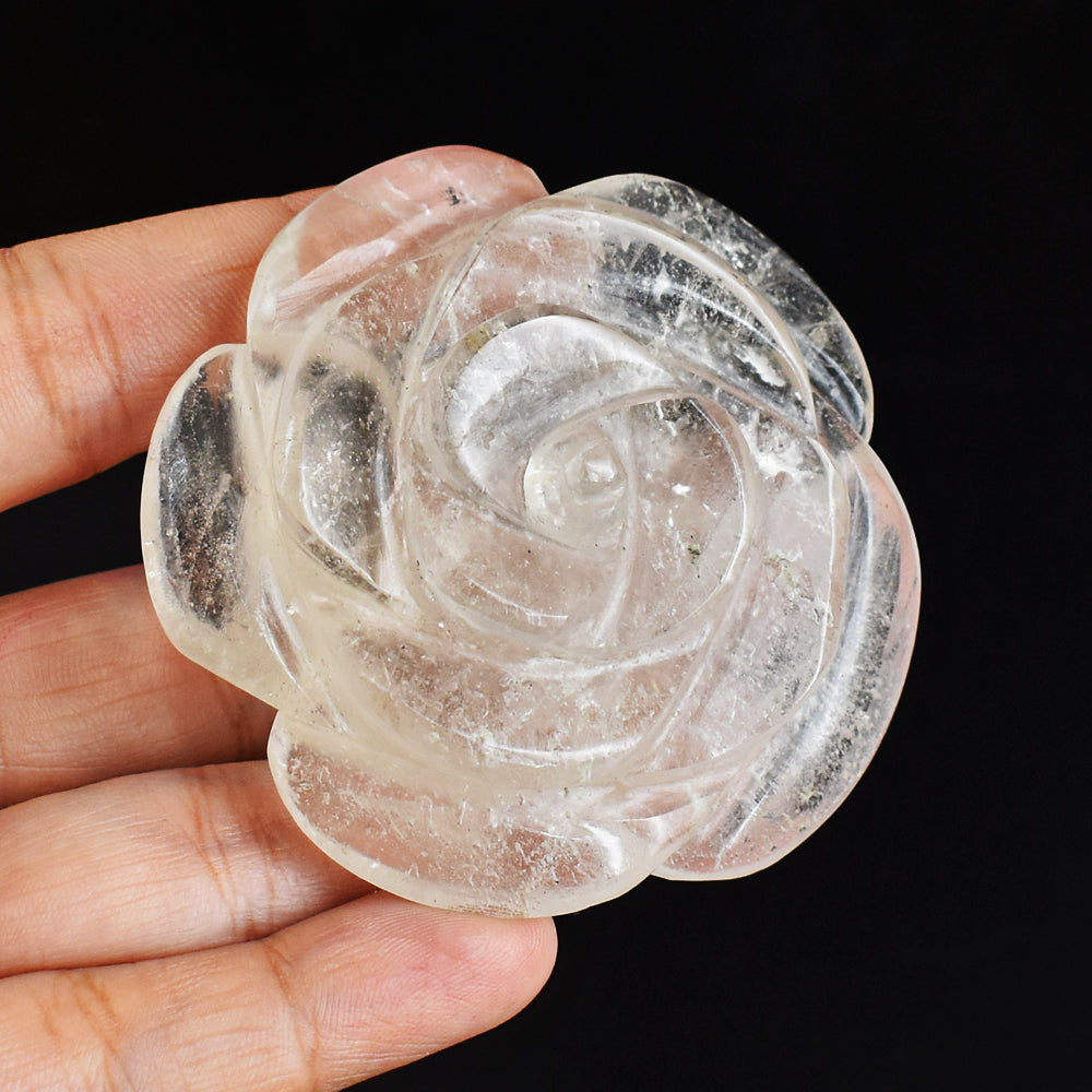Genuine  White  Quartz  470.00 Carats  Hand  Carved Crystal Rose Flower Carving  Gemstone