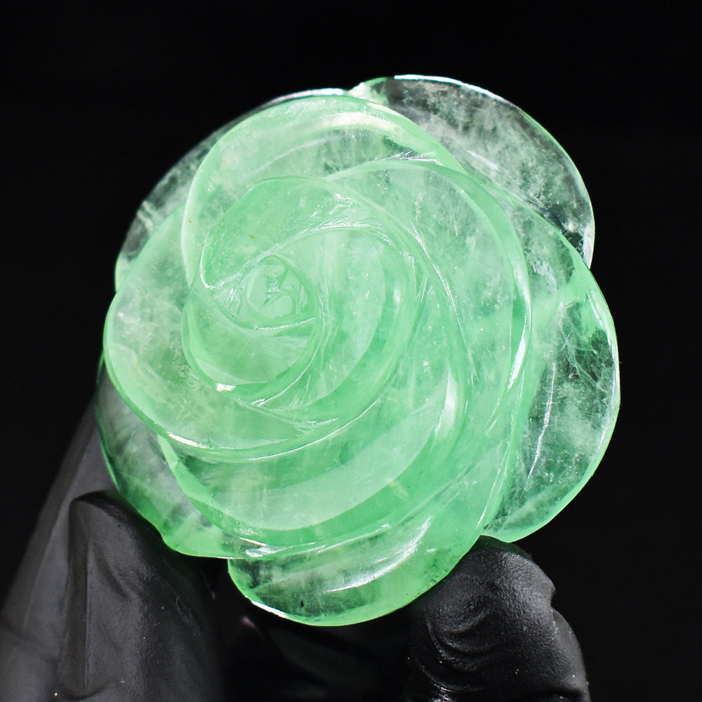 Artisian 447.00 Cts Genuine Green Fluorite Hand Carved Crystal Gemstone Rose Carving