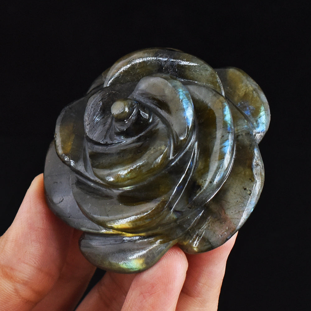 Golden & Blue Flash Labradorite  458.00 Carats  Genuine  Hand Carved  Gemstone  Rose Flower Carving
