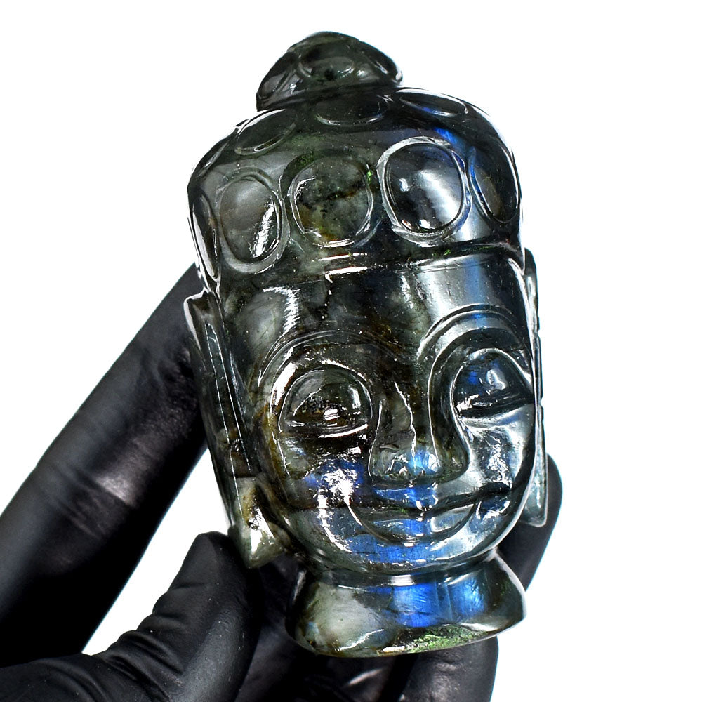 Exclusive 1123.00 Cts Genuine Blue Flash Labradorite Hand Carved Gemstone Buddha Head Crystal Carving