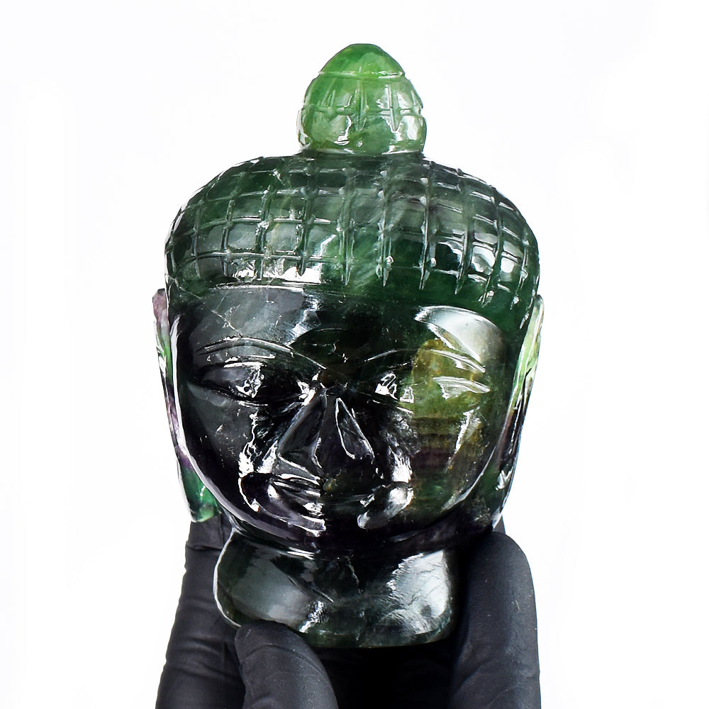Beautiful 2084.00 Cts Genuine Multicolor Fluorite Hand Carved Crystal Gemstone Buddha Head Craving
