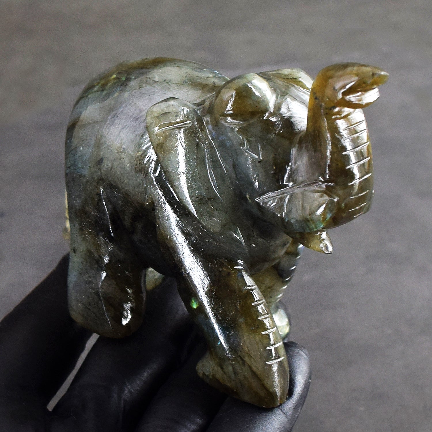 Majestic 1228.00 Cts Genuine Blue Flash Labradorite Carved Premium Crystal Elephant