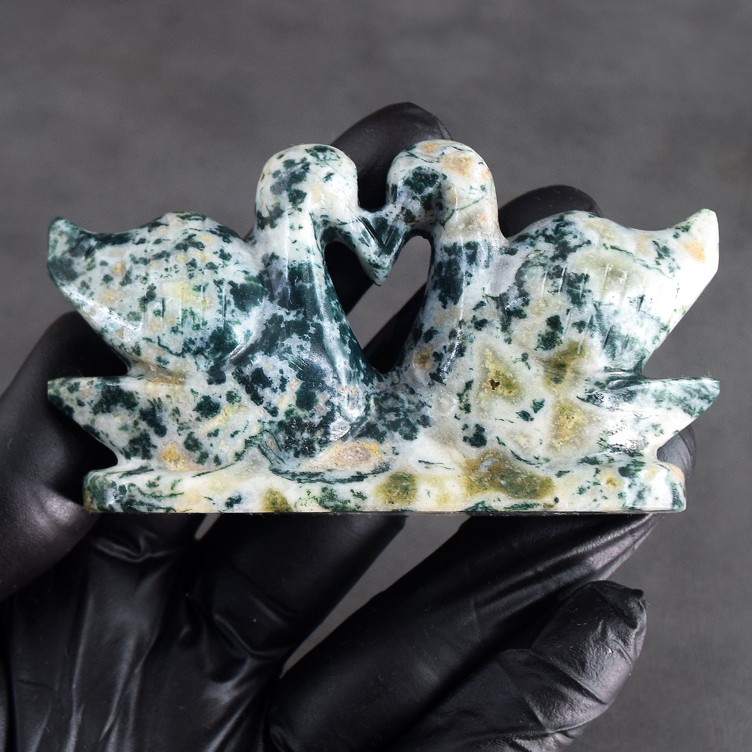 Exclusive 503.00  Cts Genuine Tree Agate Carved Premium Love Swan Pair