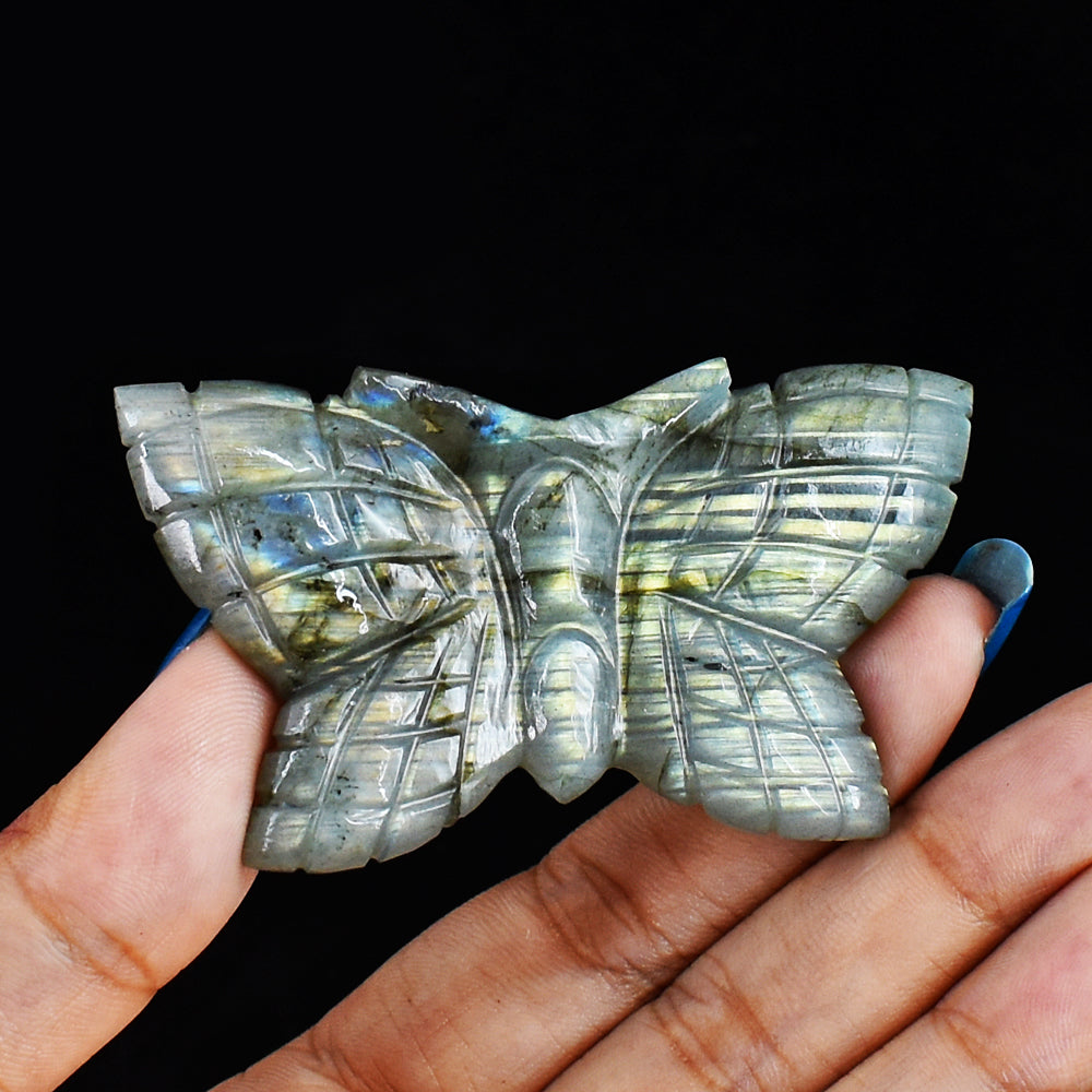 Exclusive 127.00 Carats  Genuine Golden & Blue Flash Labradorite Hand Carved Crystal Gemstone Carving Butterfly