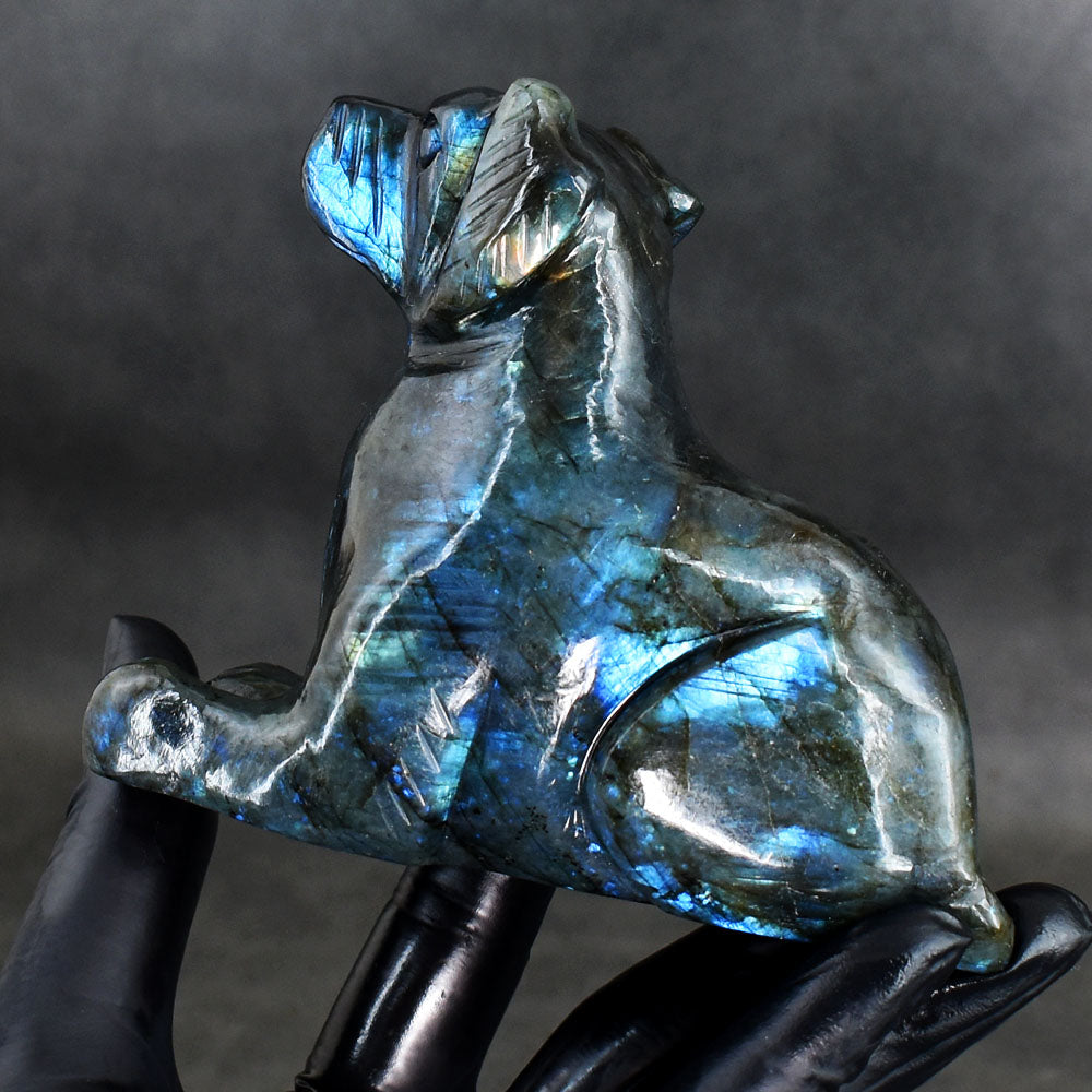 Exclusive 2300.00 Cts Genuine Blue Flash Labradorite Hand Carved Gemstone Dog Crystal Carving