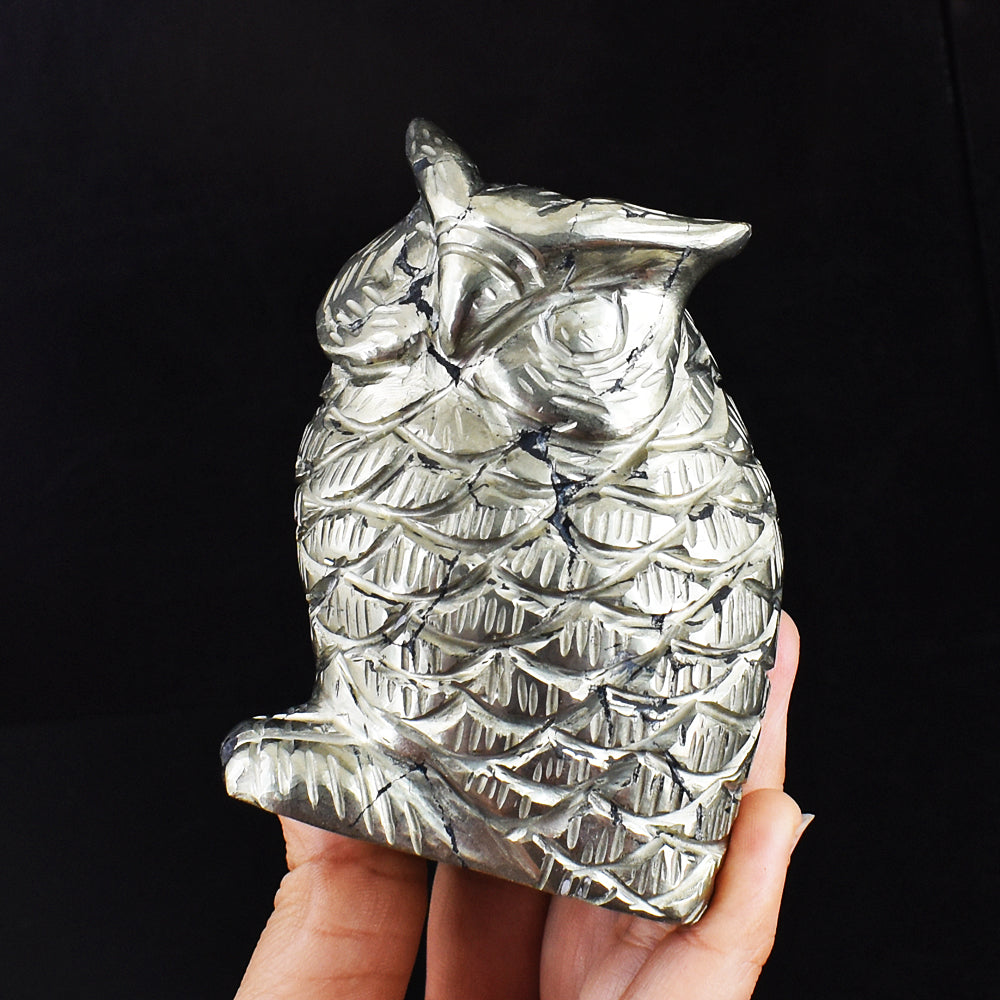 Artisian  4014.00 Carats Genuine Golden Pyrite Hand Carved Crystal Gemstone Owl Carving