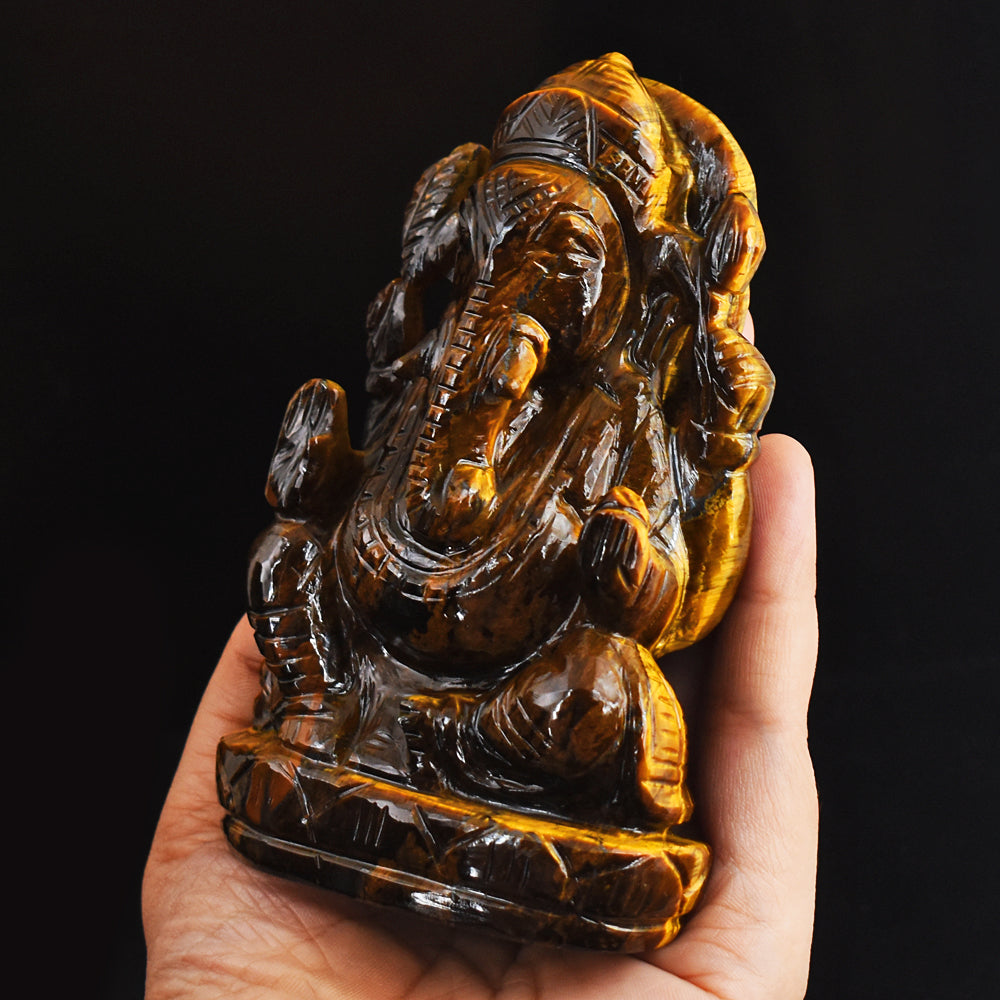 Artisian 1880.00 Cts Genuine Golden Tiger Eye Hand Carved Crystal Lord Ganesha Gemstone Carving