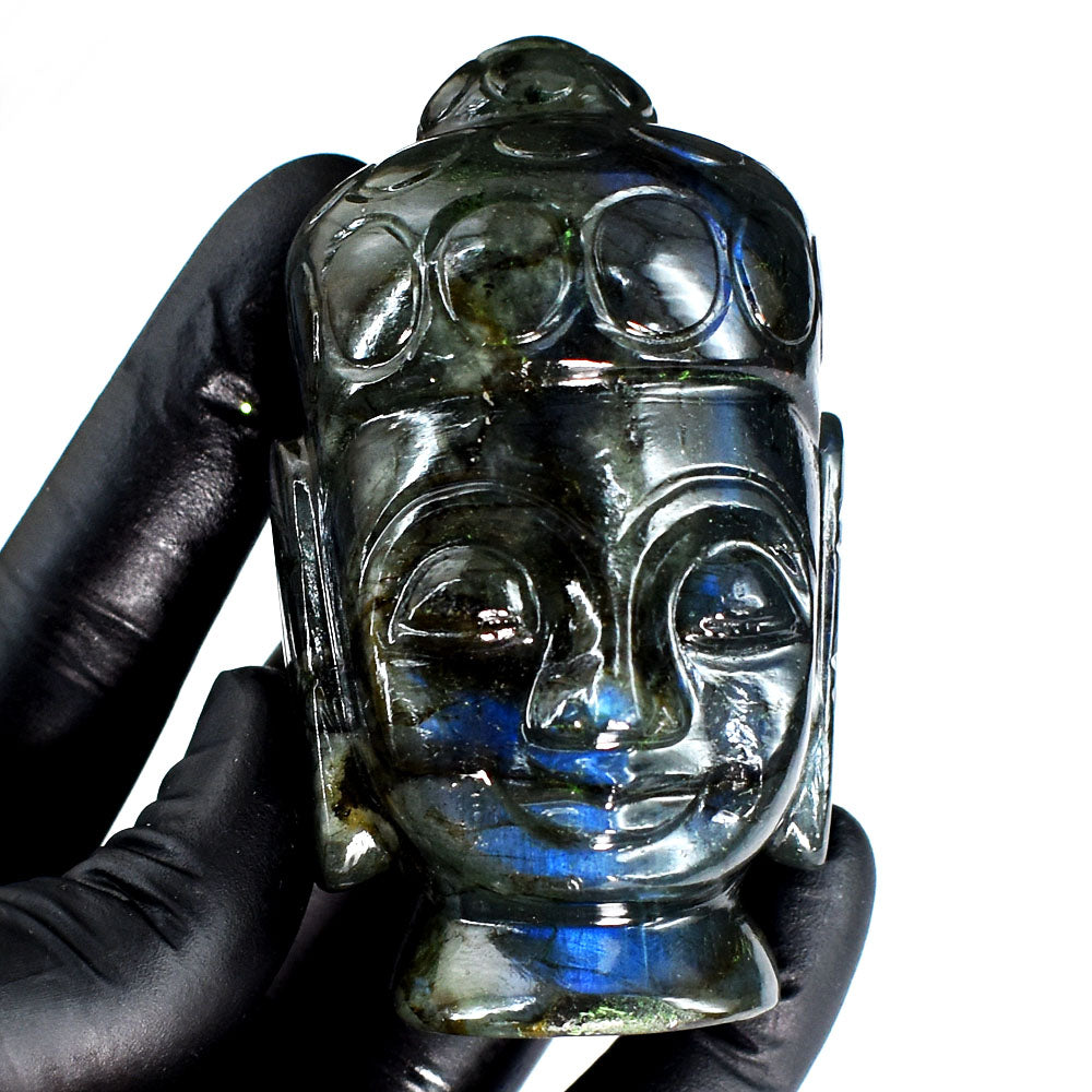Exclusive 1123.00 Cts Genuine Blue Flash Labradorite Hand Carved Gemstone Buddha Head Crystal Carving